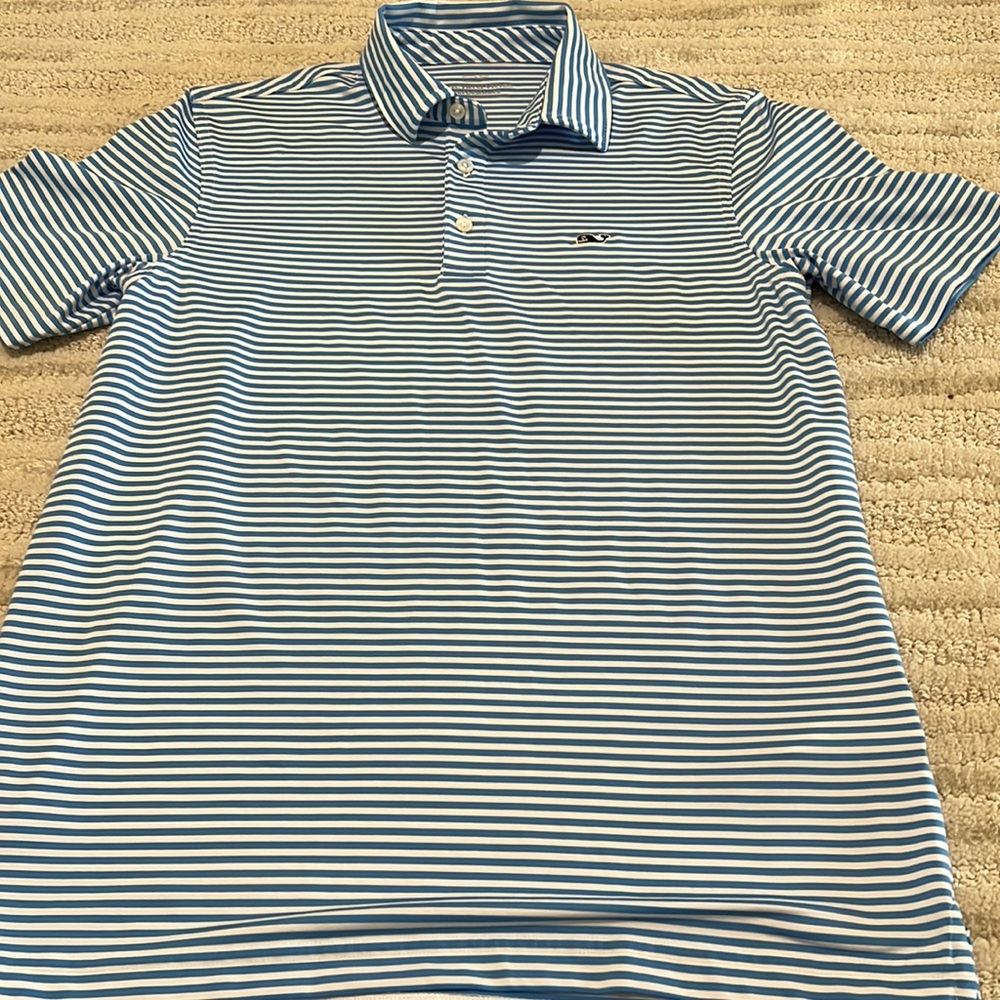 To small, the color is a light blue and white striped.92% polyester 8%spandex